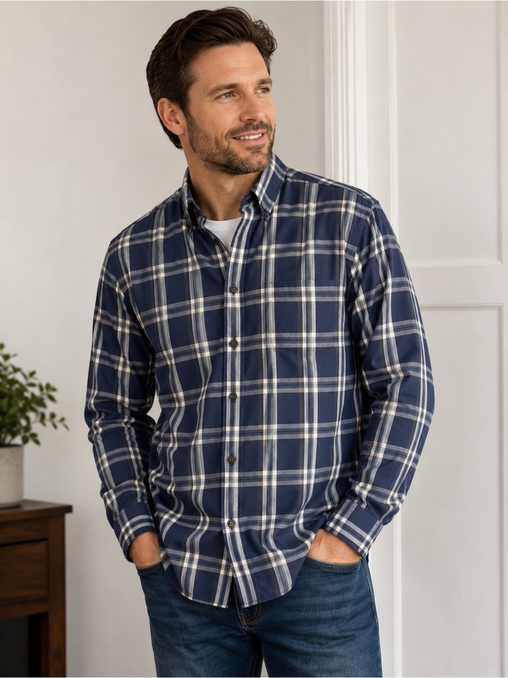Van Heusen Men’s Large Blue Plaid Button Front Shirt Long Sleeve Wrinkle Free